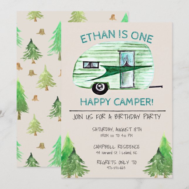 Invitation Un Joyeux Camper Première fête d'anniversaire (Devant / Derrière)
