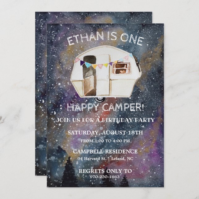 Invitation Un Joyeux Camper Première fête d'anniversaire (Devant / Derrière)
