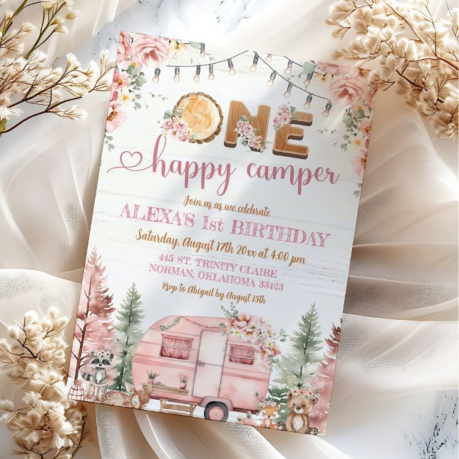 Invitation Un Joyeux Camper Rose Rustique fille Anniversaire (Créateur téléchargé)