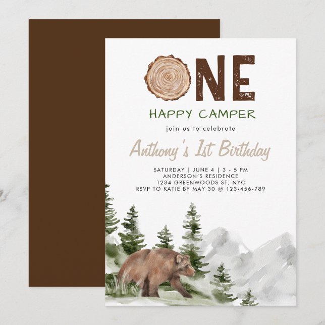 Invitation Un Joyeux Camper Watercolor Bear 1er Birthday Boy (Devant / Derrière)