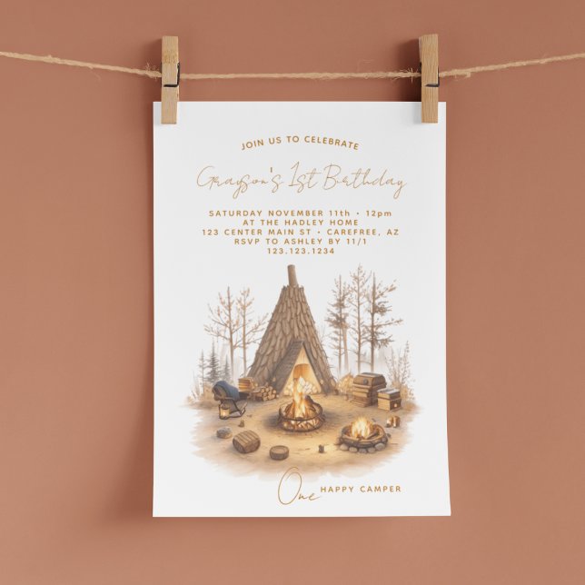 Invitation Un joyeux Camper Woodland 1er anniversaire (Créateur téléchargé)