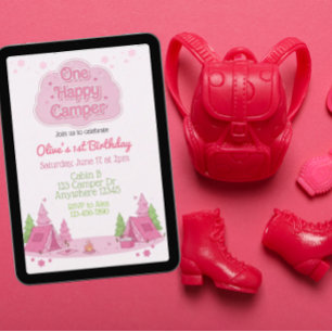 Invitation Un joyeux campeur rose 1er anniversaire