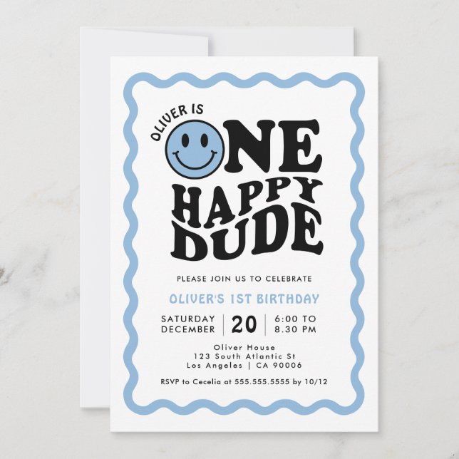 Invitation Un joyeux Dude Blue Happy Face Boy 1er anniversair (Devant)