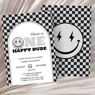 Invitation Un joyeux Dude Grey Check premier anniversaire