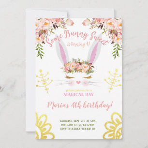 Invitation Un lapin de lapin doux or Floral face Anniversaire