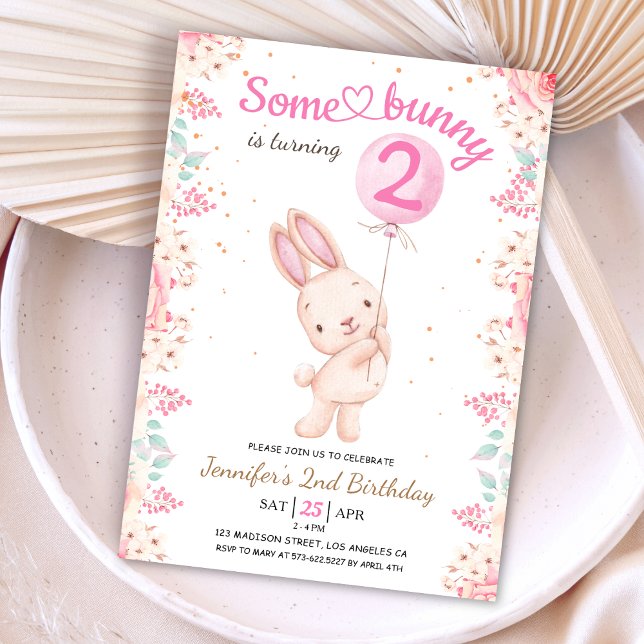 Invitation Un lapin est deux ! Balloon rose fille 2e annivers (Créateur téléchargé)