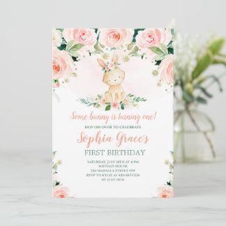Invitation Un lapin est un Rose rose Floral 1er anniversaire