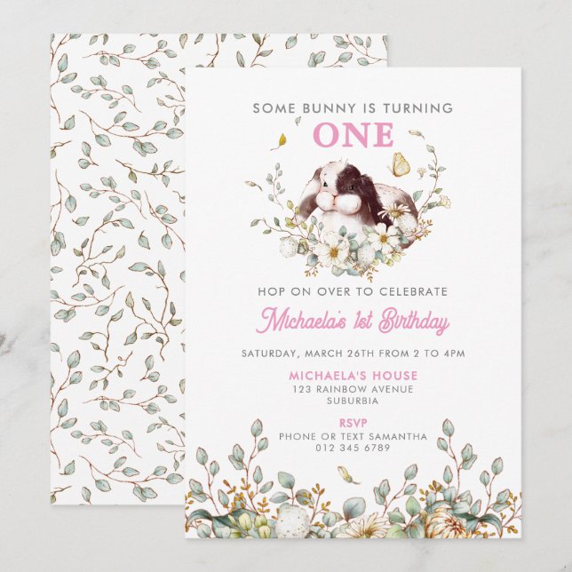 Invitation Un Lapin Fait le Premier Anniversaire d'une Fille (Devant / Derrière)