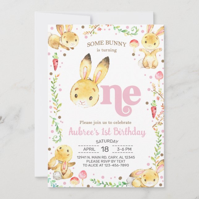 Invitation Un lapin fait un, une fille 1er anniversaire. (Devant)