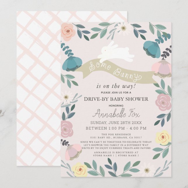 Invitation Un lapin Floral Rose Girl au Baby shower (Devant / Derrière)