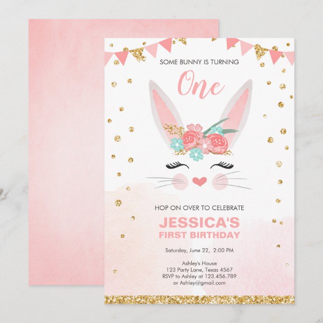 Invitation Un lapin Pâques Floral Rose Fille Anniversaire (Devant / Derrière)