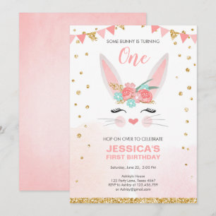 Invitation Un lapin Pâques Floral Rose Fille Anniversaire