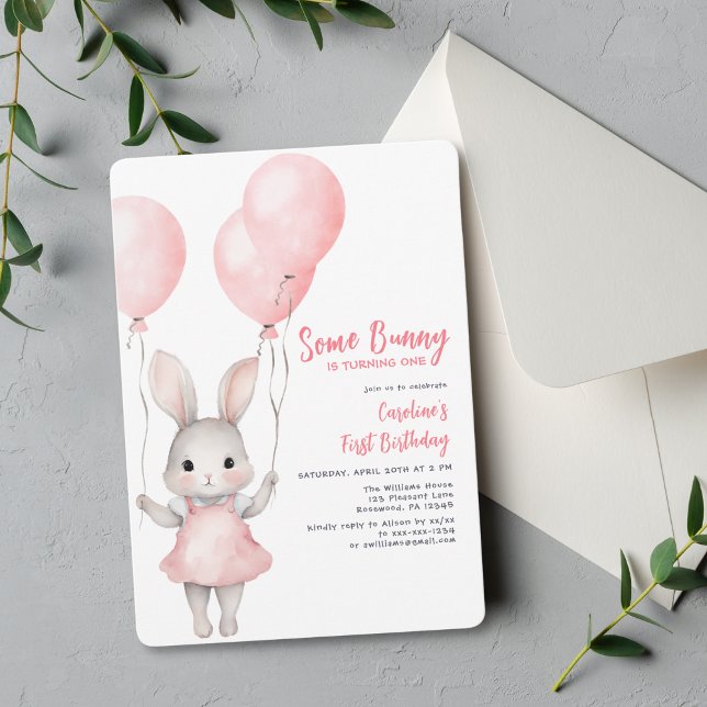 Invitation Un lapin rose fille premier anniversaire (Créateur téléchargé)