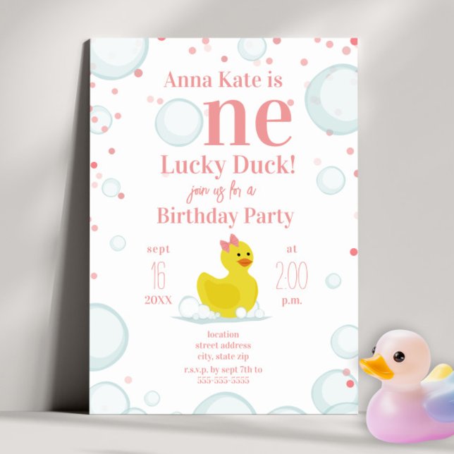 Invitation Un Lucky Canard rose Premier anniversaire fête (Créateur téléchargé)