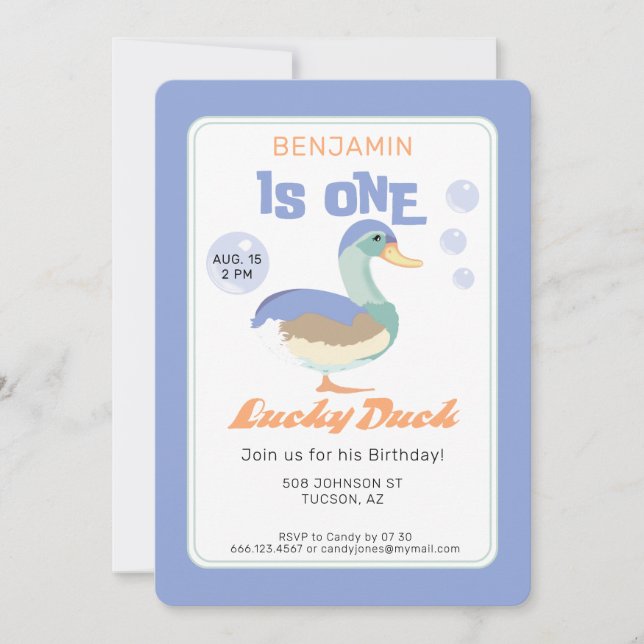 Invitation Un Lucky Duck & Bubbles Premier Anniversaire Paste (Devant)