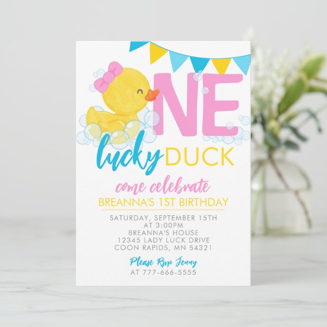 Invitation Un Lucky Duck Girl Rubber Duck 1er anniversaire (Debout devant)