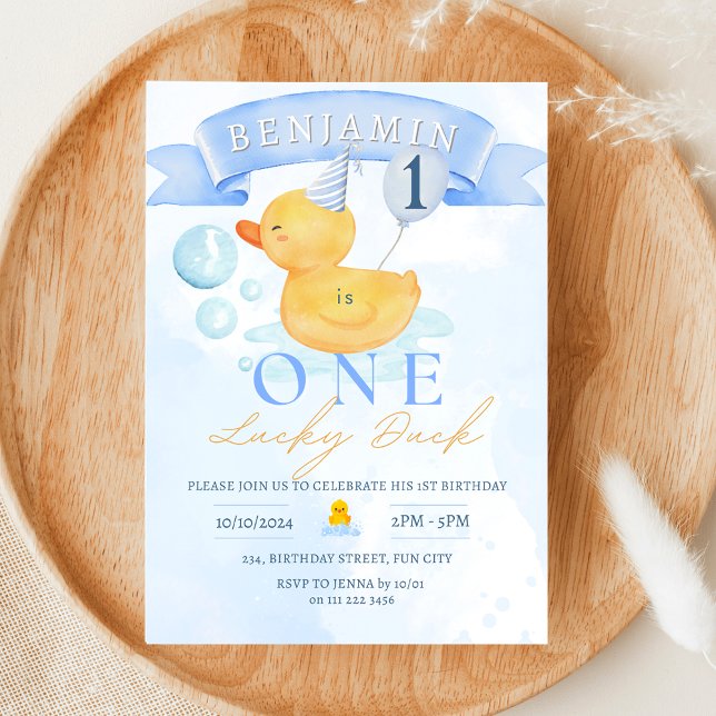 Invitation Un Lucky Duck Rubber Duck 1er anniversaire (One Lucky Duck Rubber Duck 1st First Birthday Invitation)