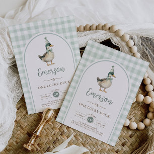 Invitation Un Lucky Duck Sage Green En vichy 1er anniversaire