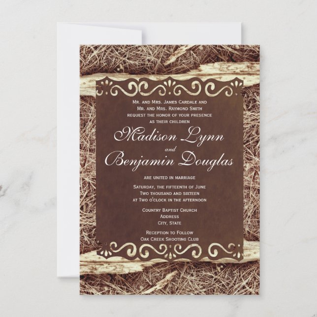 Invitation Un mariage chamo rustique avec des aiguilles de pi (Devant)
