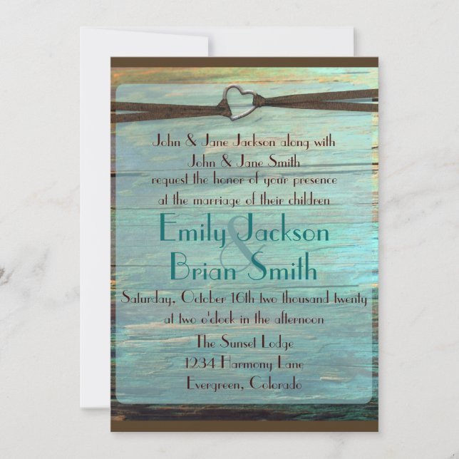 Invitation Un mariage en bois turquoise avec une boucle de co (Devant)