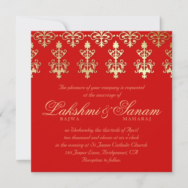 Invitation Un mariage indien invite Damask Gold Automne Rouge (Devant)