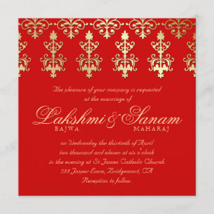 Invitation Un mariage indien invite Damask Gold Automne Rouge