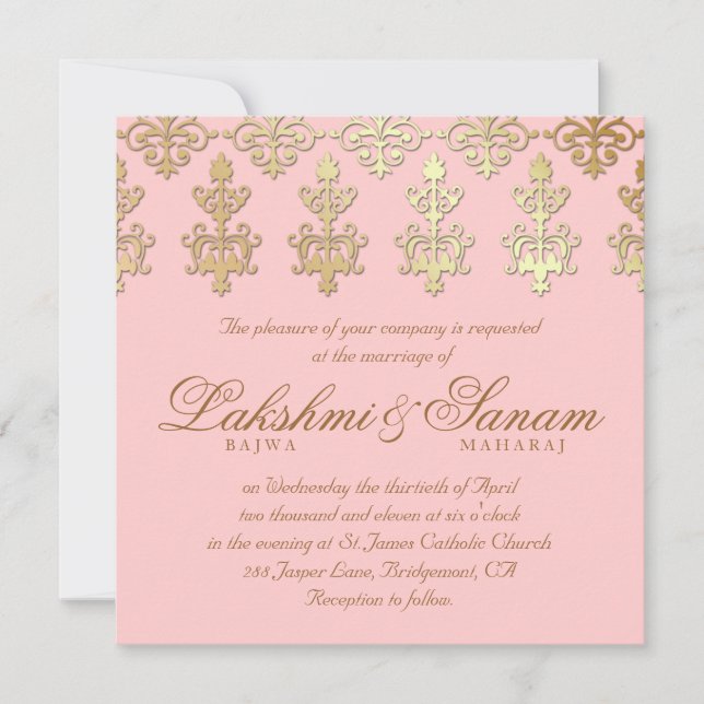 Invitation Un mariage indien invite Damask Gold Baby Pink (Devant)