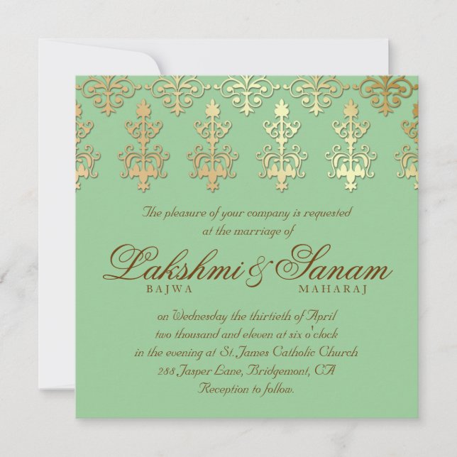 Invitation Un mariage indien invite Damask Gold Spring Green (Devant)
