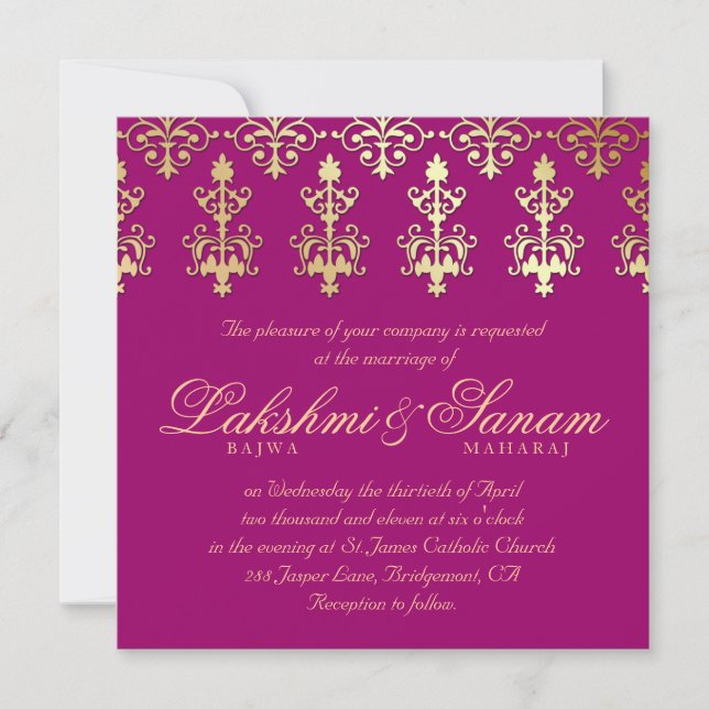 Invitation Un mariage indien invite Damask Gold Vin d'automne (Devant)