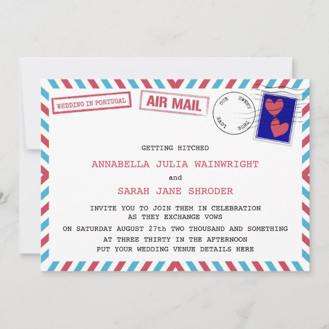 Invitation Un Mariage lesbien De L'Air Mail Au Portugal Invit (Devant)