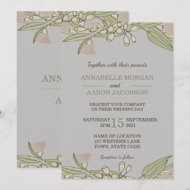 Invitation Un mariage rose avec un Fleur sauvage australien G (Devant / Derrière)