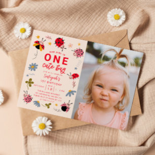 Invitation Un mignon bug Ladybug 1ère fête d'anniversaire Pho