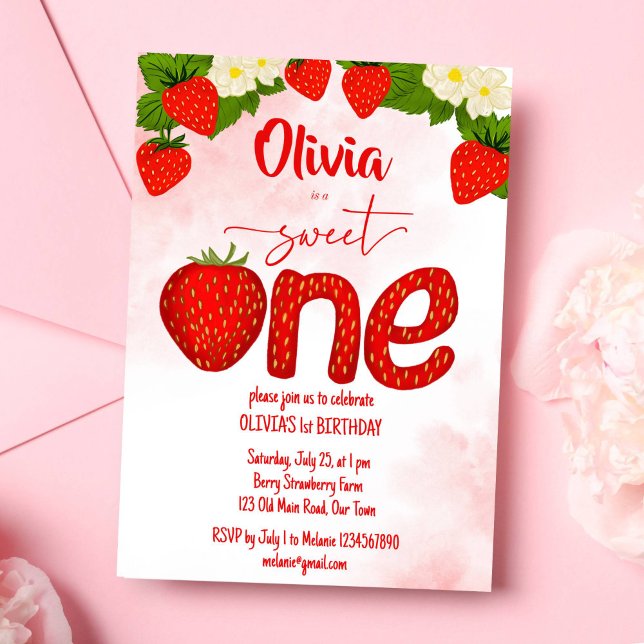 Invitation Un modèle de fête d'anniversaire de fraise sucrée (Sweet one strawberry birthday party template invitation digital download strawberry letter red)