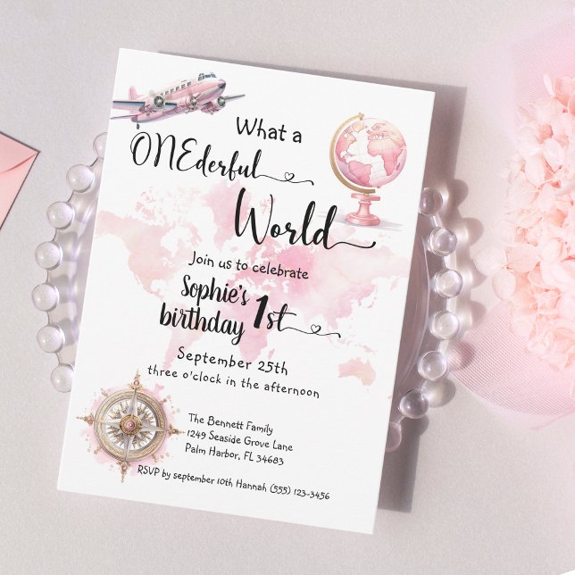 Invitation UN monde derful rose Voyage fille 1er anniversaire (Créateur téléchargé)