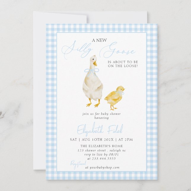 Invitation Un nouveau Baby shower En vichy bleu oie (Devant)