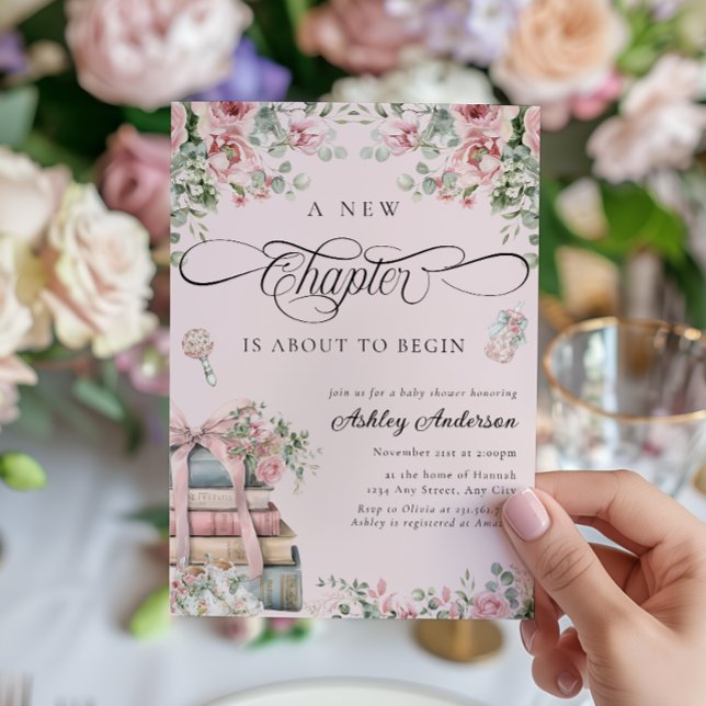 Invitation Un nouveau chapitre Baby shower floral rose (Créateur téléchargé)