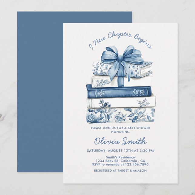 Invitation Un nouveau chapitre commence Blue Bow Books Baby S (Devant / Derrière)