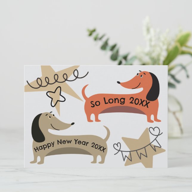 Invitation Un Nouvel An Dachshund Dogs Fun Quirky (Debout devant)