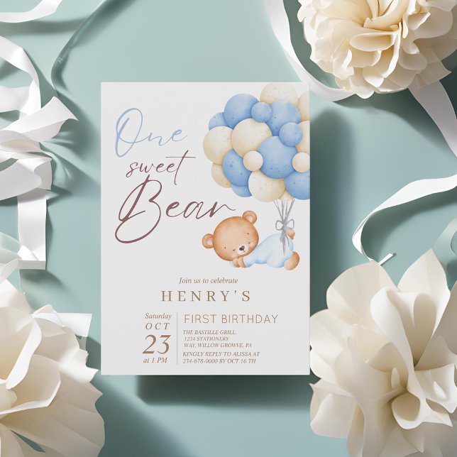 Invitation Un ours en peluche aquarelle garçon 1er fête d'ann (Créateur téléchargé)