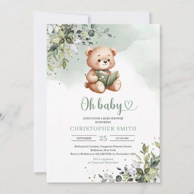 Invitation Un ours en peluche mignon lisant un livre neutre p (Devant)
