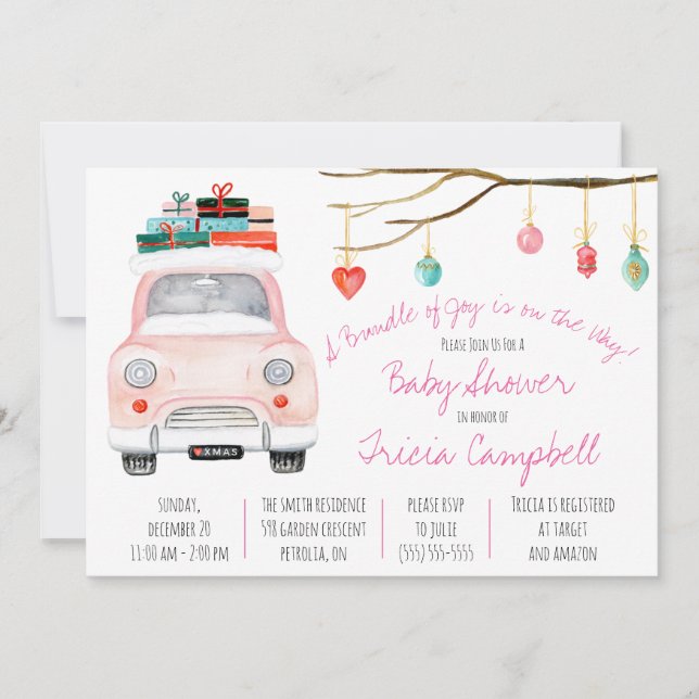 Invitation Un paquet de joie est en route ! Baby shower rose (Devant)