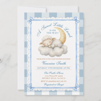 Invitation Un petit agneau Cute Baby Shower Gingham bleu