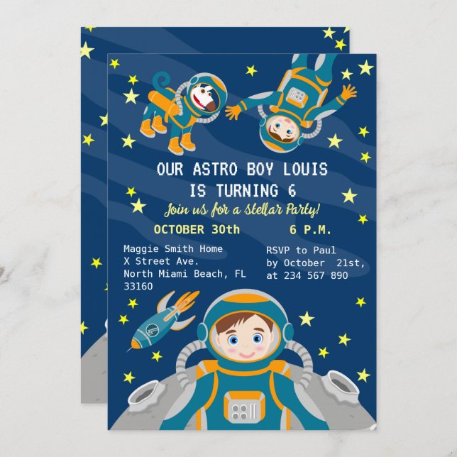 Invitation Un petit astronaute rêve fête d'anniversaire (Devant / Derrière)