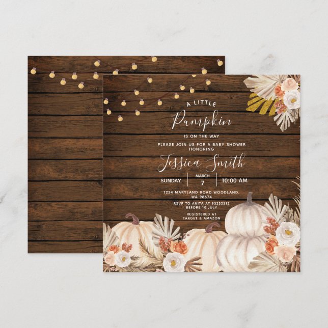Invitation Un petit Baby shower Boho Citrouille Bois (Devant / Derrière)