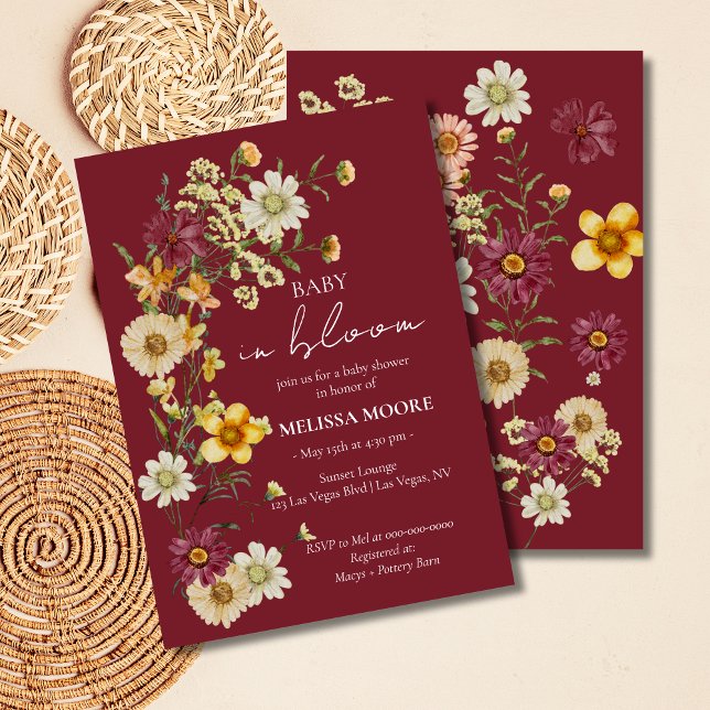 Invitation Un Petit Baby shower Bourgogne Fleur sauvage (Créateur téléchargé)