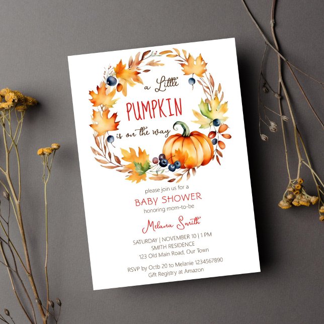 Invitation Un petit baby shower citrouille tombe laisse la co (Little pumpkin baby shower template invitation digital download fall leaves berries pumpkin wreath)