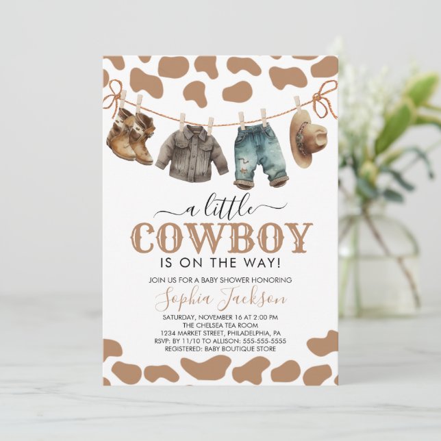 Invitation Un petit Baby shower Cowboy Wild West Brown Cowboy (Debout devant)