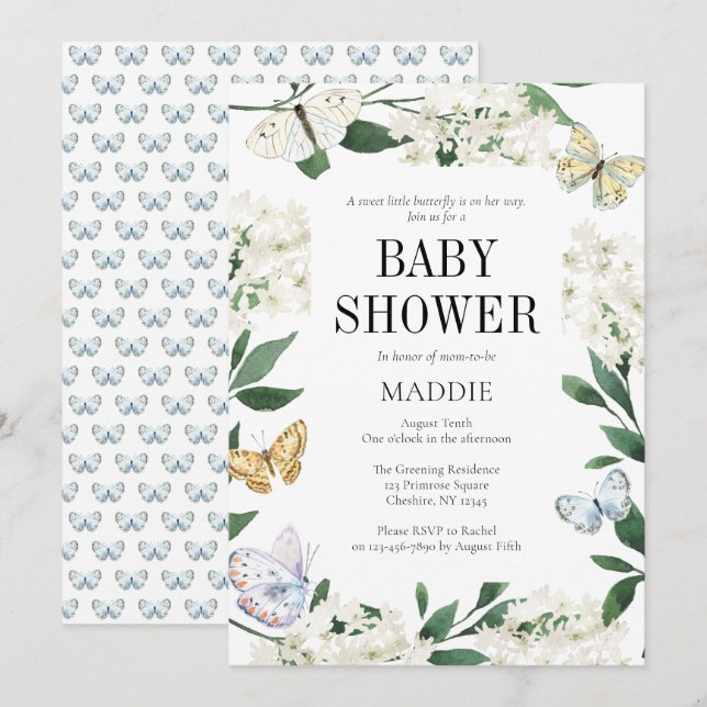 Invitation Un petit Baby shower d'aquarelle florale papillon (Devant / Derrière)