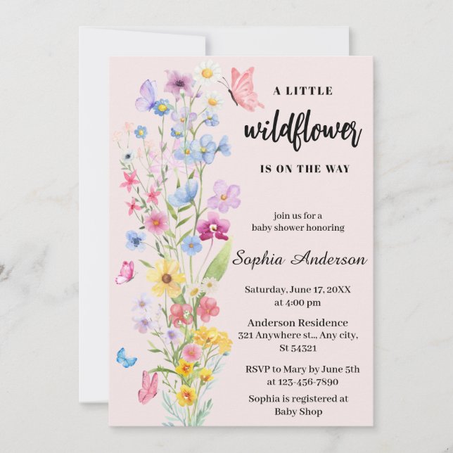 Invitation Un petit Baby shower de fille Fleur sauvage (Devant)
