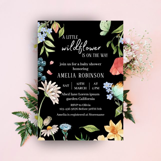 Invitation Un petit Baby shower de fille Fleur sauvage Noir (Créateur téléchargé)